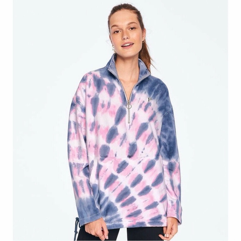 VICTORIA SECRET ~PINK~ Blue & pink tie dye Premium College Quarter Zip  Large